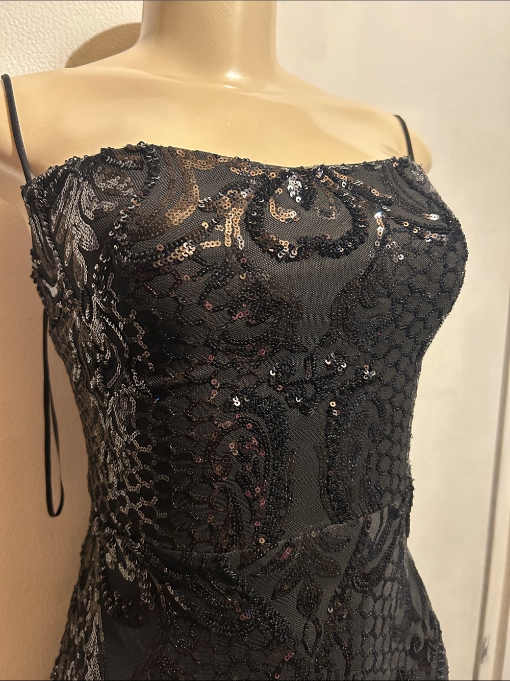 Black Strapless Sequin Evening Gown with Thigh Slit - Picture 8 of 14